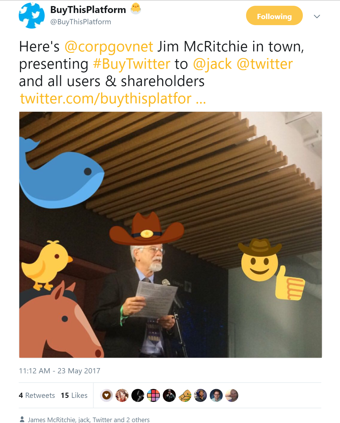Tweet from BuyThisPlatform: Here's @corpgovnet Jim McRitchie in town, presenting #BuyTwitter to @jack @twitter and all users & shareholders