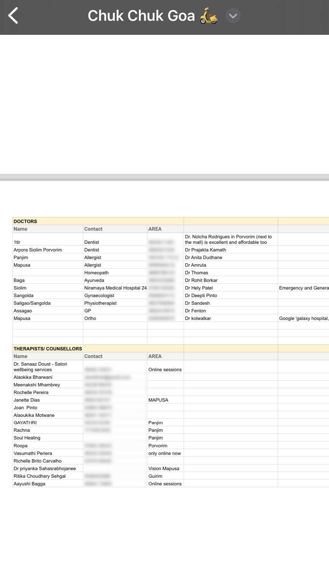 Spreadsheet with service provider information.