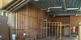Interior of a building under construction, from the buildout of Arizmendi Bakery in 2010