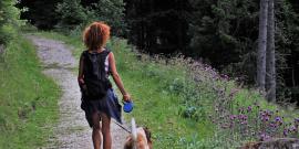 Woman and dog walking down a forest path.