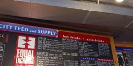 Menu board at City Feed and Supply.