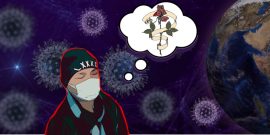 Illustration of a man in a surgical mask dreaming of a rose.