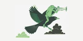 a frog playing a trumpet, riding a black bird.