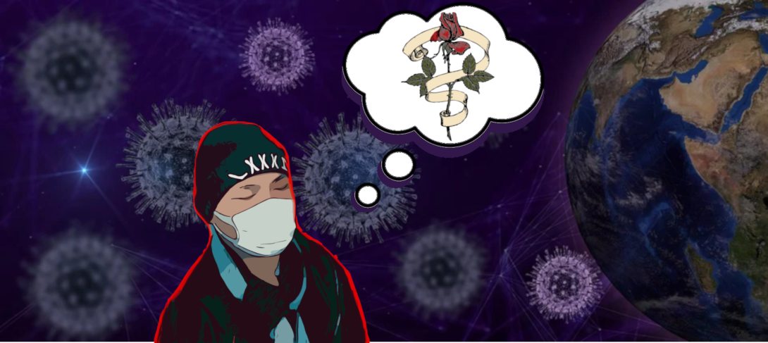 Illustration of a man in a surgical mask dreaming of a rose.