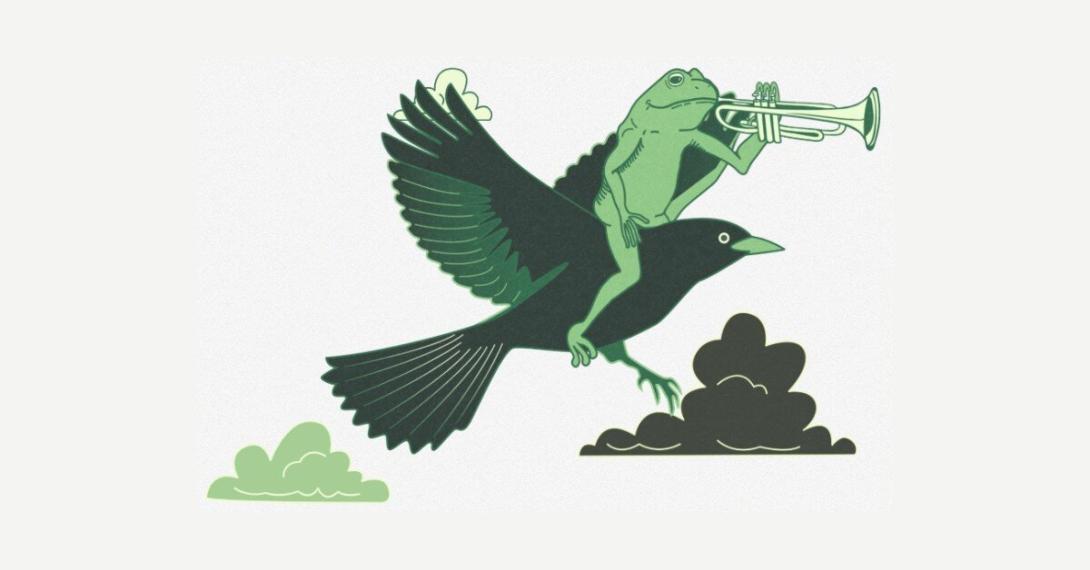 a frog playing a trumpet, riding a black bird.