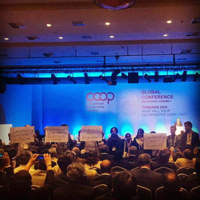International Cooperative Alliance delegates stage action in support of cooperatives in Turkey and Syria.