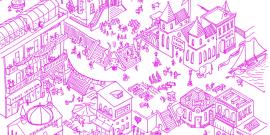 Line drawing of an imagined town where multiple economic activities are being done.