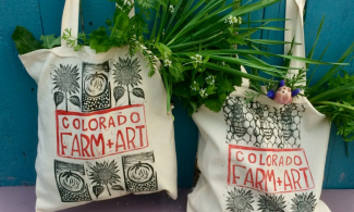 Two canvas shopping bags full of greens and flowers.