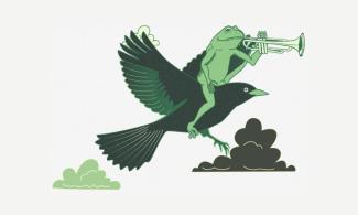 a frog playing a trumpet, riding a black bird.